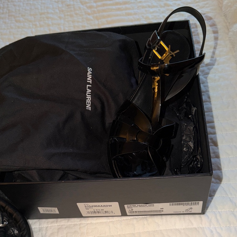 Saint Laurent Glossy Black Sandals with Gold Accent